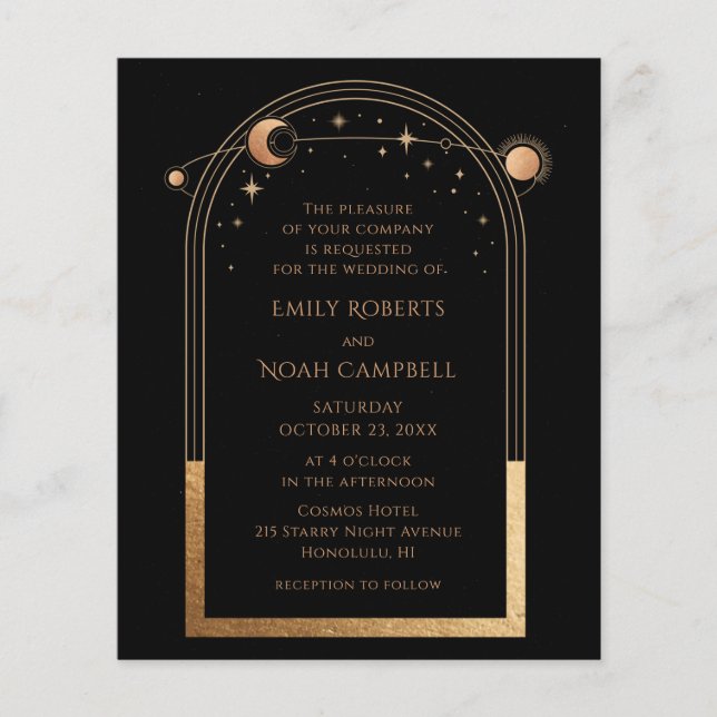 Flyer Convite de Casamento Foto Sol Lua Preto Dourado Mí (Frente)