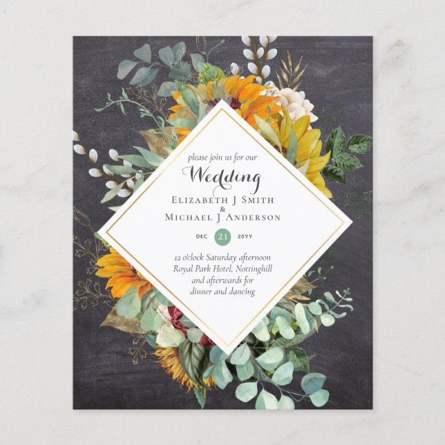 Flyer Convite de Casamento Girassóis Rústicos com Eucali (Frente)