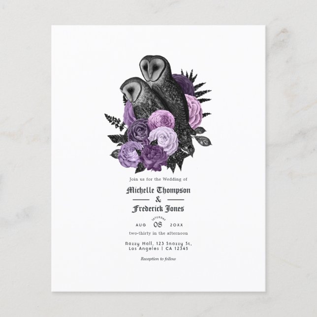 Flyer Convite de Casamento Gótico de Corujas Roxas Vinta (Frente)