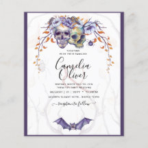 Convite de Casamento Gótico Roxo Laranja Caveiras