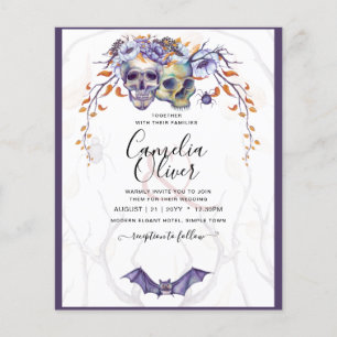 Flyer Convite de Casamento Gótico Roxo Laranja Caveiras
