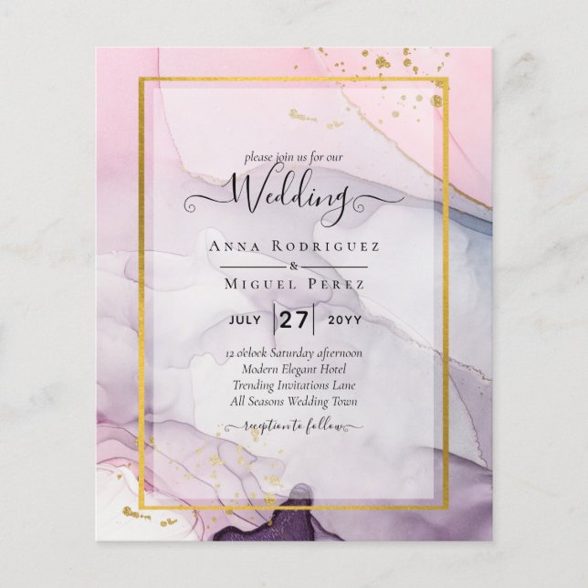 Flyer Convite de Casamento INK Rosa Roxo Lavanda Dourado (Frente)