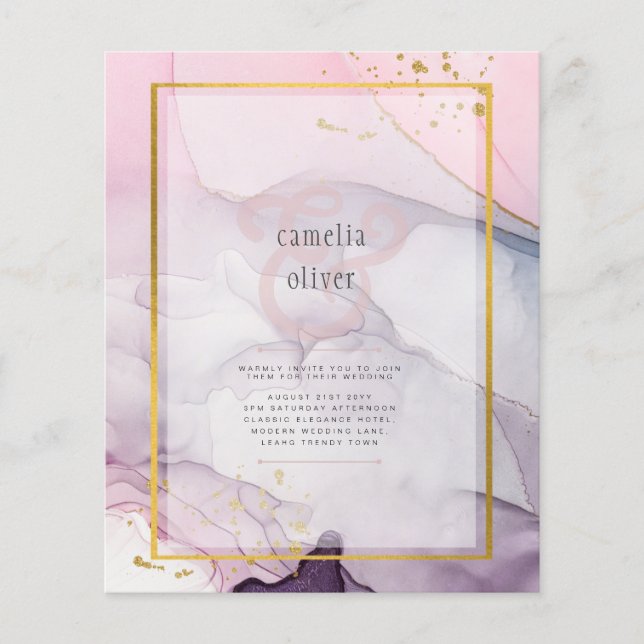 Flyer Convite de Casamento INK Rosa Roxo Lavanda Dourado (Frente)