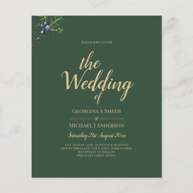 Flyer Convite de Casamento JUNIPER Verde Dourado Moderno (Frente)