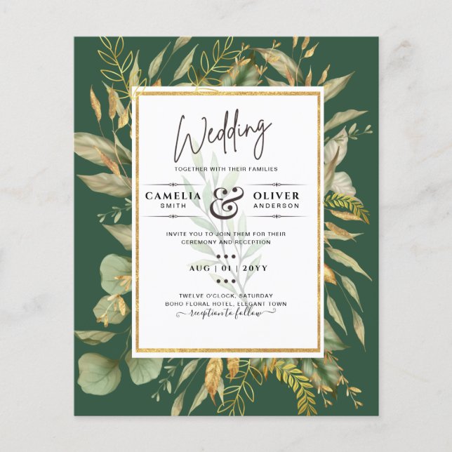 Flyer Convite de casamento LeahG Emerald Green Greenery (Frente)