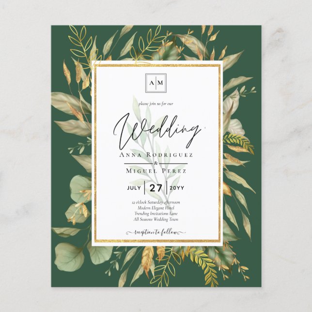 Flyer Convite de casamento LeahG Emerald Green Greenery (Frente)