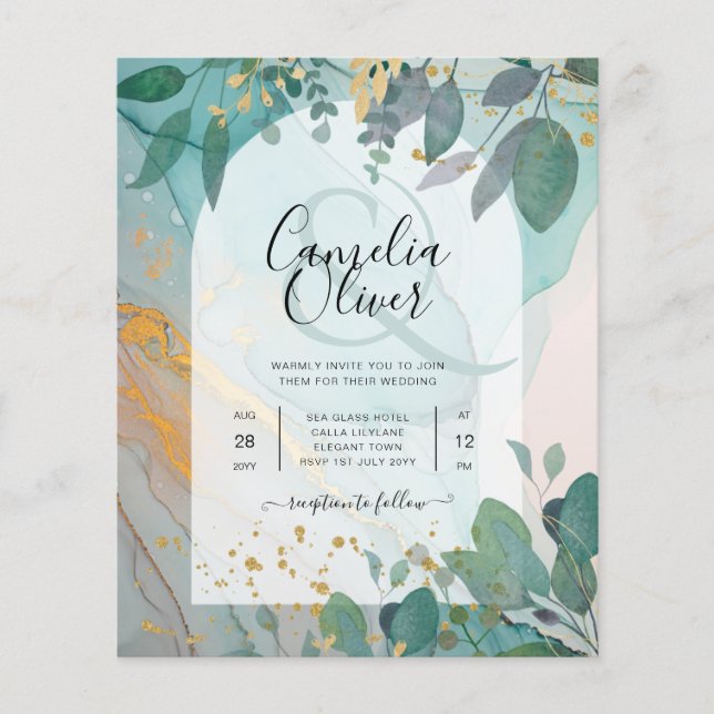 Flyer Convite de Casamento LeahG Seaglass Ink Teal Gold  (Frente)