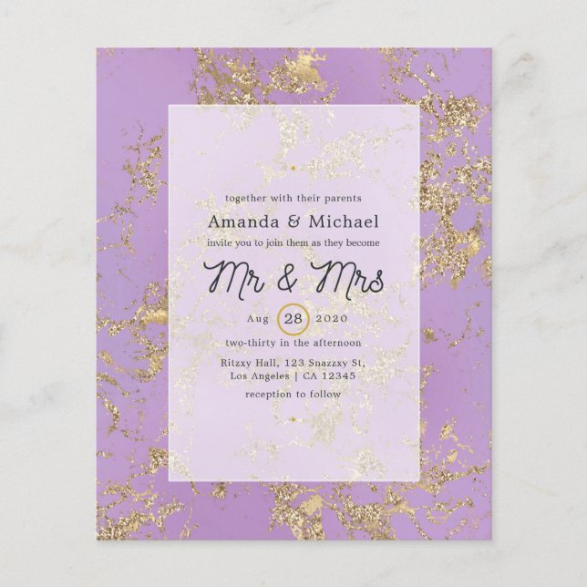 Flyer Convite de casamento mármore roxo e dourado roxo o (Frente)