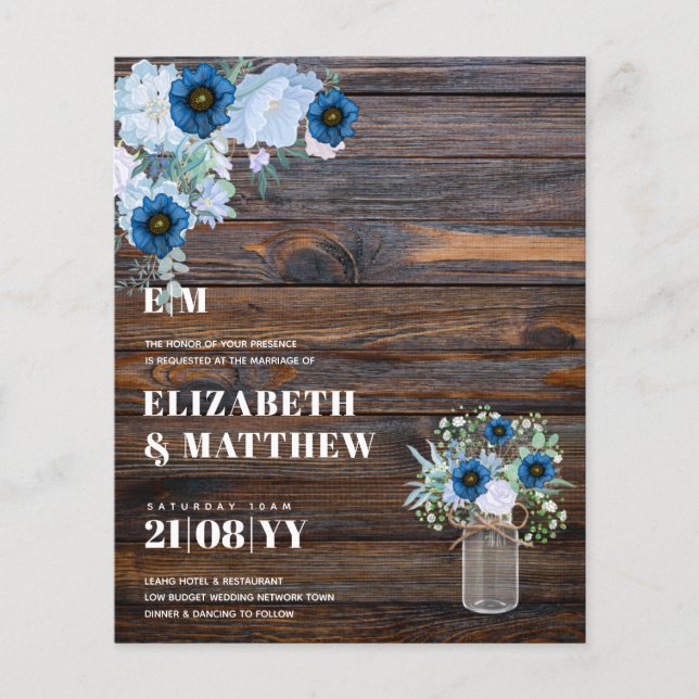 Flyer Convite de casamento Mason Jar Flores Azuis com De (Frente)