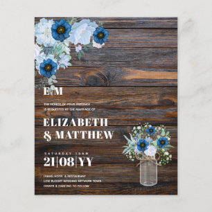 Flyer Convite de casamento Mason Jar Flores Azuis com De
