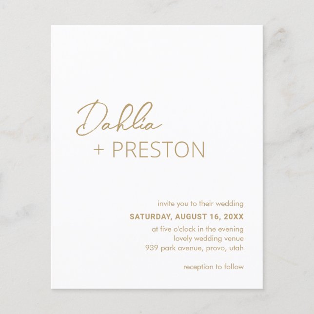Flyer Convite de Casamento Minimalista Dourado Moderno e (Frente)