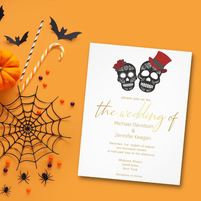Flyer convite de casamento moderno dourado com esqueleto (Criador carregado)