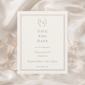 Flyer Convite de casamento monogramado em marfim e taupe
