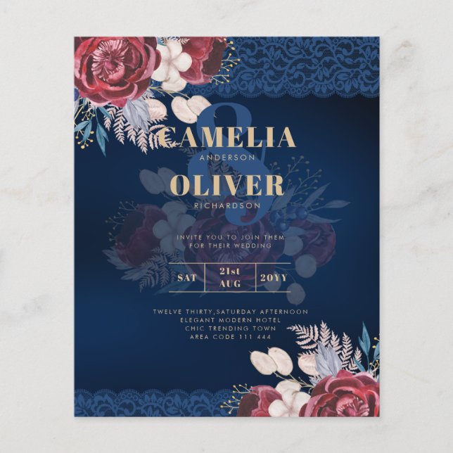 Flyer Convite de Casamento Outono em Renda de Rosas Azui (Frente)