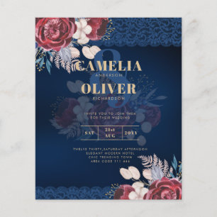 Flyer Convite de Casamento Outono em Renda de Rosas Azui