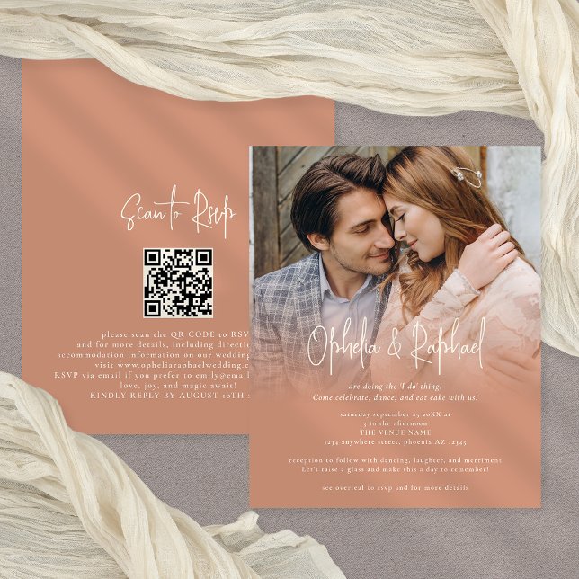 Flyer Convite de casamento PAPER Photo QR Boho Terracott (GReat value thin PAPER alternative, front and back view)