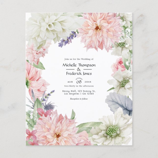 Flyer Convite De Casamento Pastel Blush Pink Dahlia (Frente)
