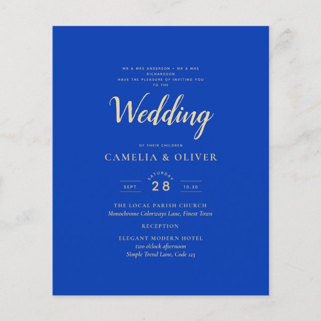 Flyer Convite de casamento Real Azul Monocromático (Frente)