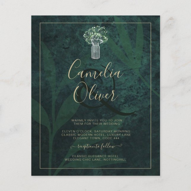 Flyer Convite de Casamento Verde Floresta Emerald da Lea (Frente)