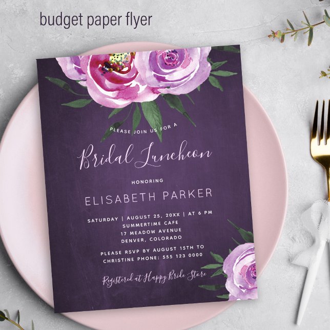 Flyer Convite de chá de panela floral roxo econômico (Criador carregado)