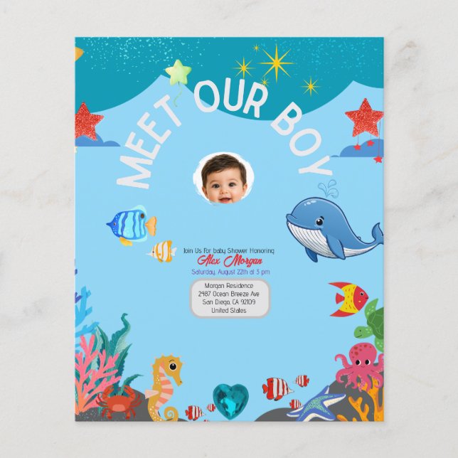 Flyer Convite de Chuvada de Bebê Menino - Sob o Mar (Frente)