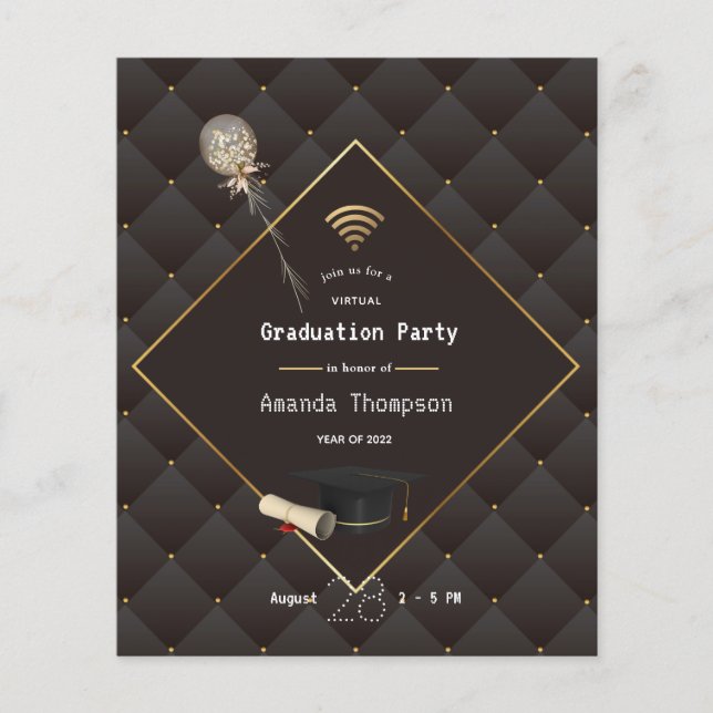 Flyer Convite de festa de graduação virtual em preto e d (Frente)