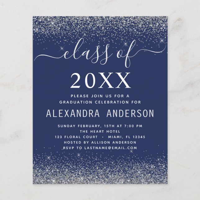 Flyer Convite de formatura azul marinho prata Orçamento  (Frente)