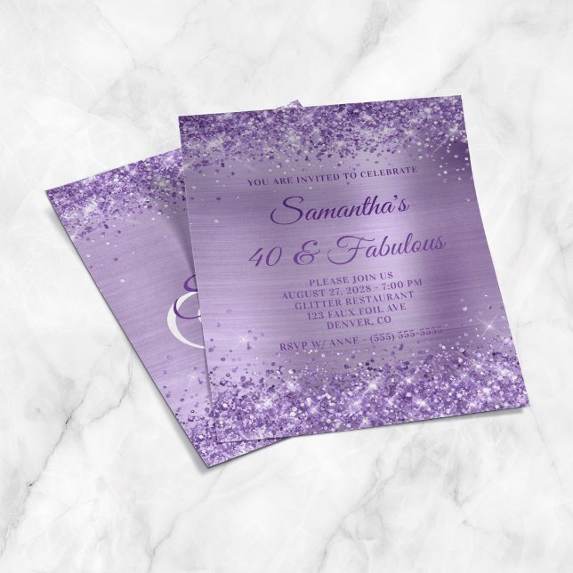 Flyer Convite de Monograma com Brilho em Folha de Purple (Glittery Purple Foil Monogram 40 & Fabulous Invite Flyer)