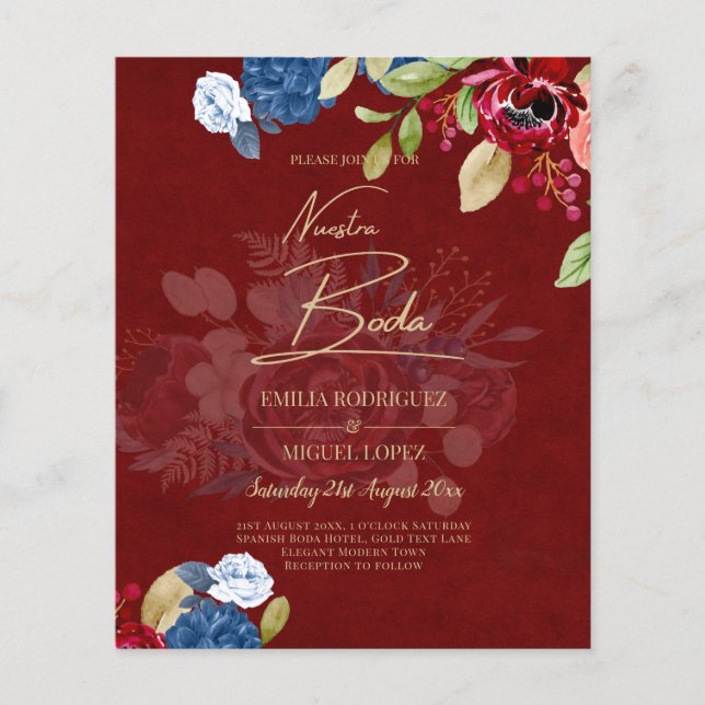 Flyer CONVITE DE NOIVADO Floral Azul Borgonha NUESTRA BO (Frente)