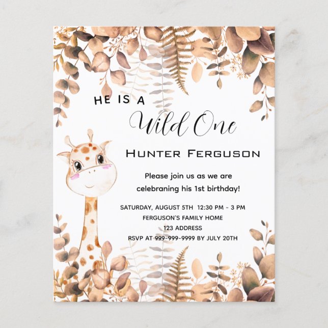 Flyer Convite de orçamento de uma girafa de primeiro ani (Frente)