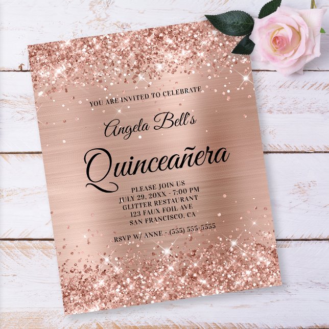 Flyer Convite de papel brilhante em rosa dourado para fe (Criador carregado)