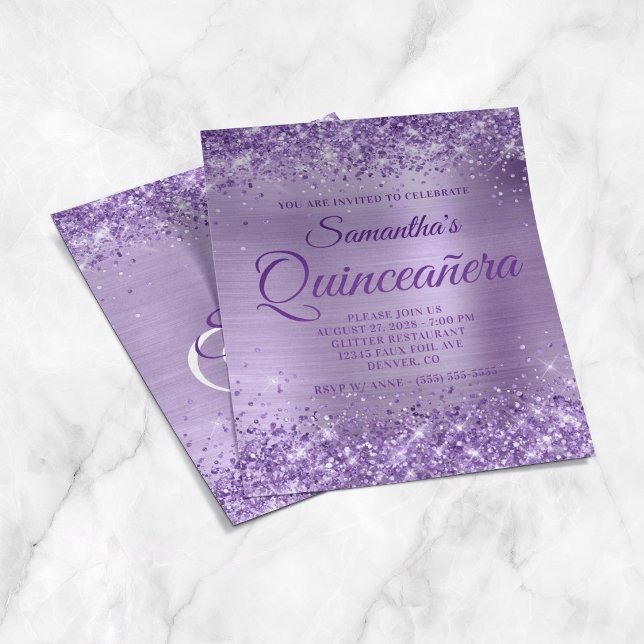 Flyer Convite de Quinceanera com Monograma em Folha de P (Glittery Purple Foil Monogram Quinceanera Invite Flyer)
