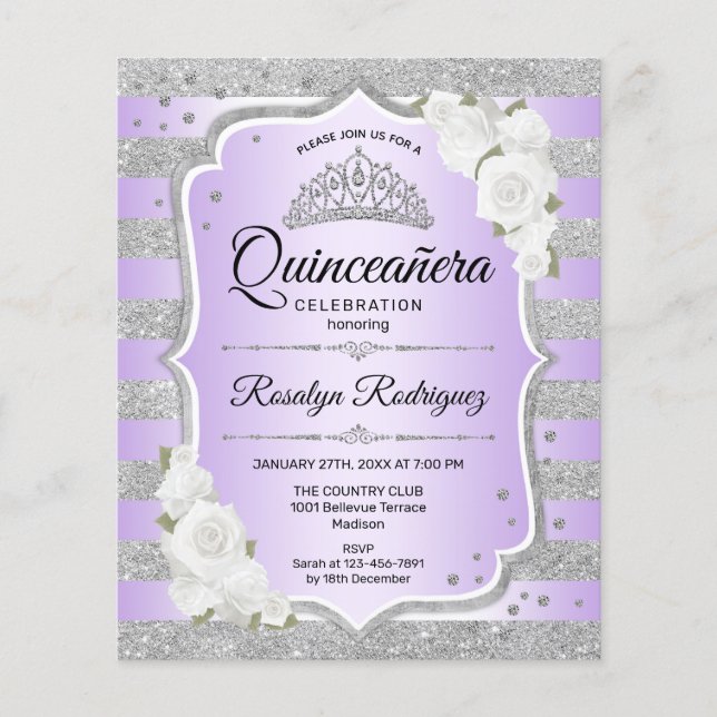 Flyer Convite de Quinceanera Prata com detalhes em Roxo (Frente)