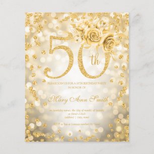 Flyer Convite Dourado Floral 50th Birthday Lights