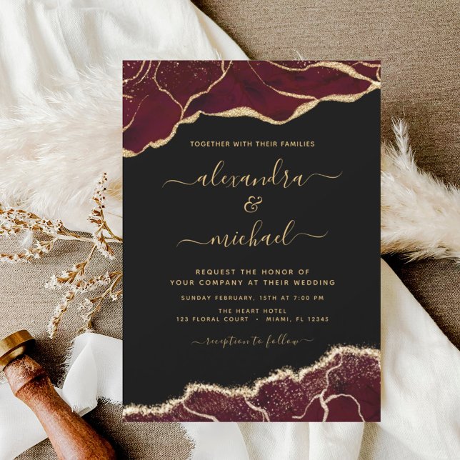 Flyer Convite Dourado para Casamento de Agata Burgundy (Criador carregado)