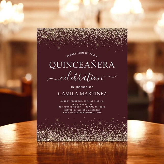Flyer Convite Dourado para Quinceanera Burgundy (Criador carregado)