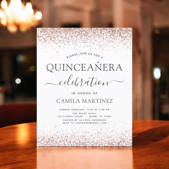 Flyer Convite Glitter Dourado para Rosa de Quinceanera (Criador carregado)