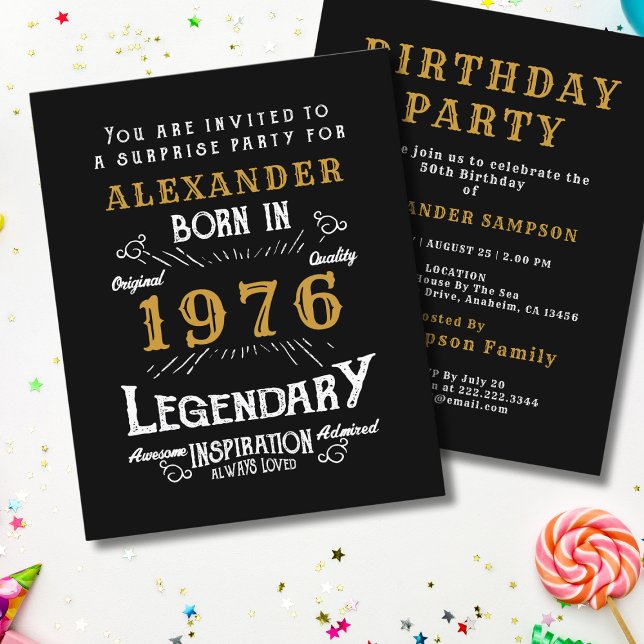 Flyer Convite Legenda de 50 Anos Orçamento de 1976 (1976 birthday invitation budget flyer. White background.)