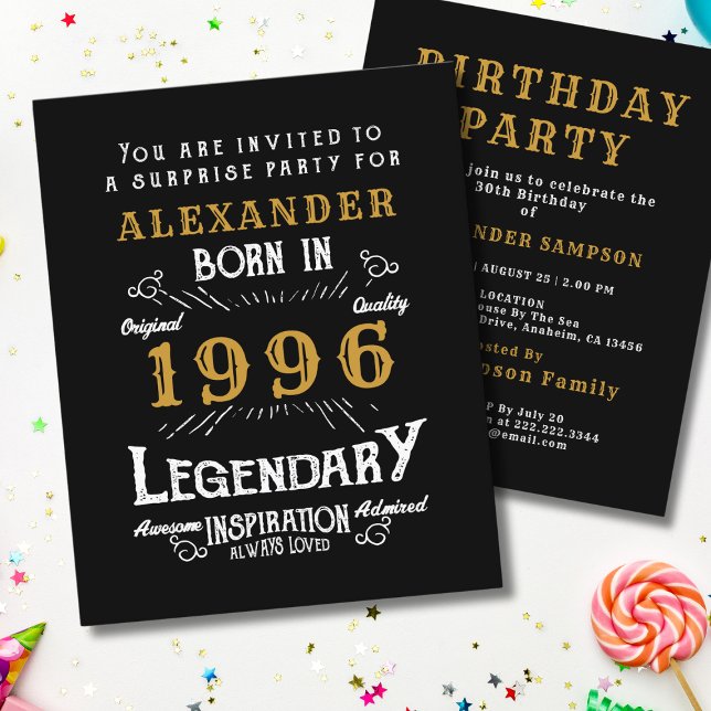 Flyer Convite Lenda de 30 Anos de Idade Orçamento de 199 (1996 birthday invitation budget flyer. White background.)