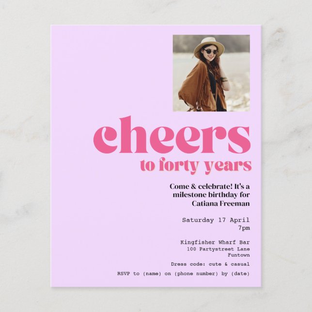Flyer Convite Orçamental, aniversário de 40 anos Roxo Ro (Frente)