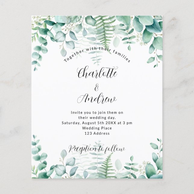 Flyer Convite orçamental para bodas de eucalipto (Frente)