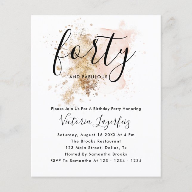 Flyer Convite para aniversário de 40 anos, Dourado e Ros (Frente)