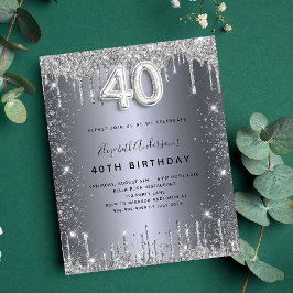 Flyer convite para aniversário de 40 anos prata com bril
