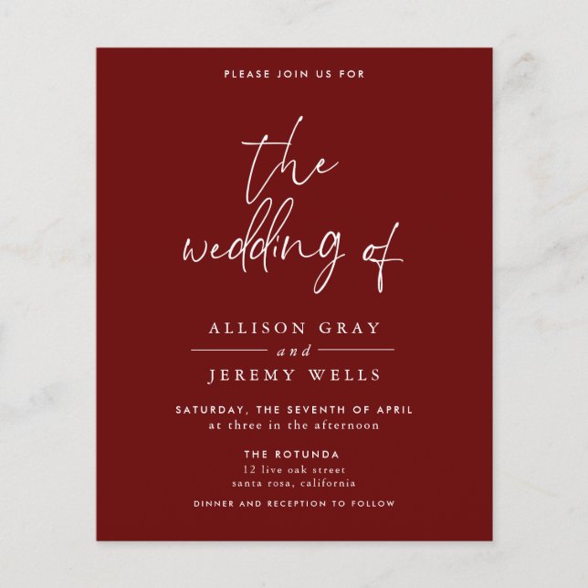 Flyer Convite para Casamento de Borgonha de Orçamento (Frente)