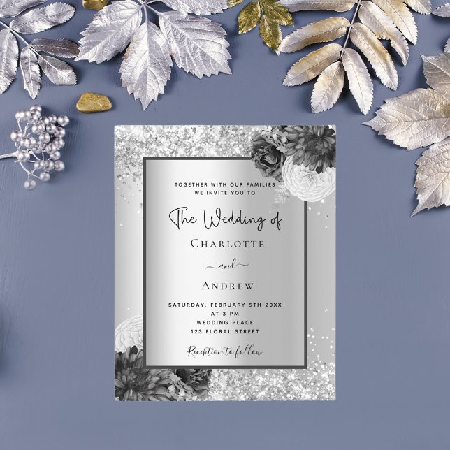 Flyer Convite para casamento de prata floral monocromáti (Criador carregado)