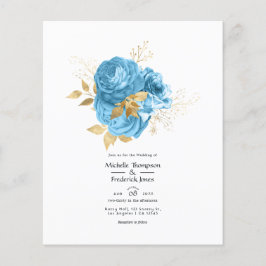 Flyer Convite para Casamento Floral Dourado e Azul Paste