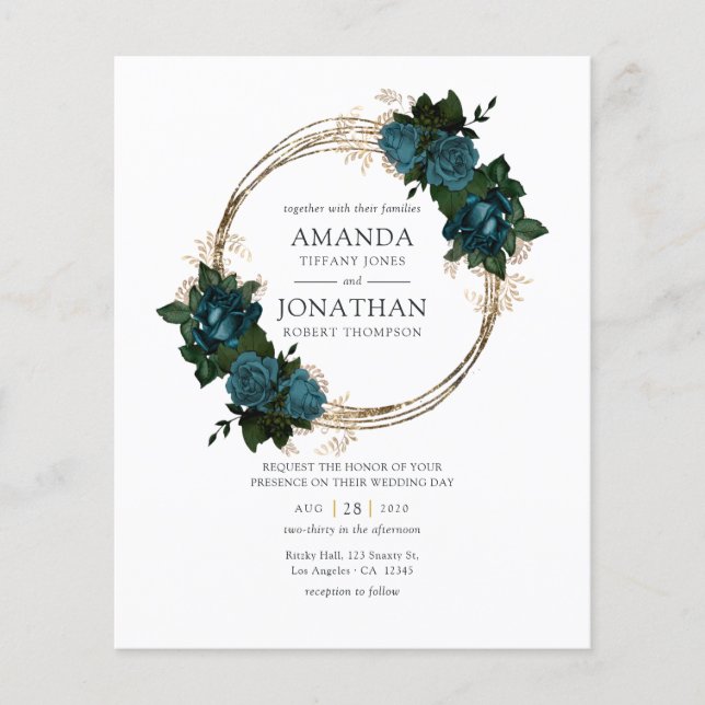 Flyer Convite para Casamento Floral Dourado e Teal (Frente)