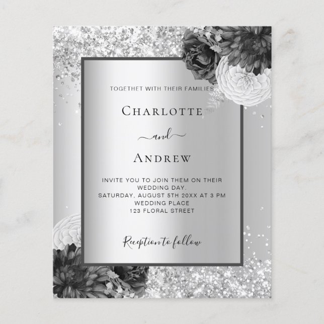 Flyer Convite para casamento floral elegante de prata (Frente)