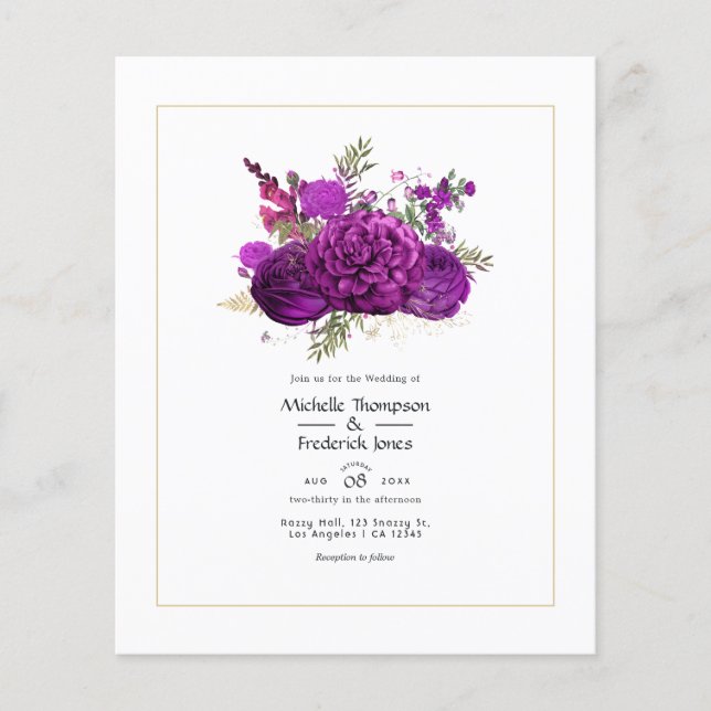 Flyer Convite para Casamento Floral Real Roxo e Dourado (Frente)