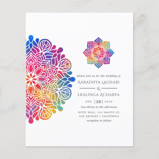 Flyer Convite para Casamento Indiano Rainbow Mandala (Frente)